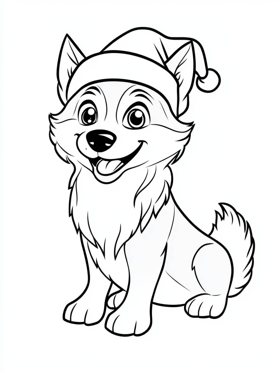 Baby Husky With A Christmas Hat Coloring Page