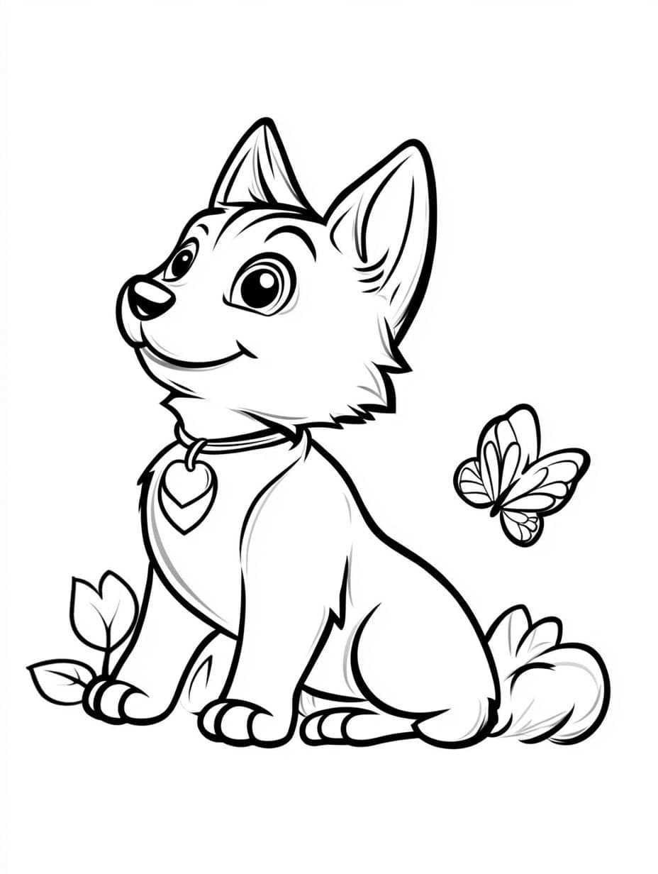 Baby Husky With Butterfly Coloring Pages