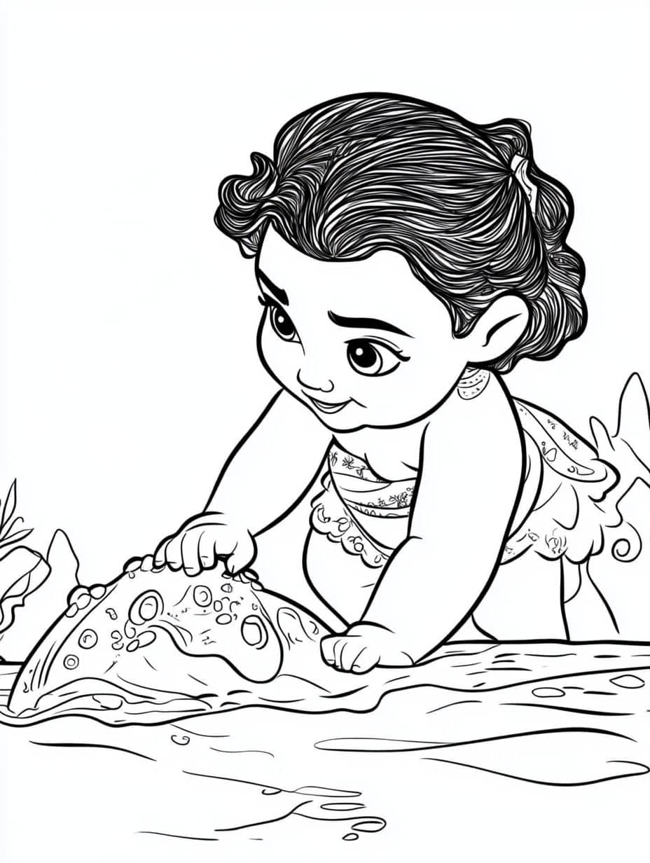 Baby Moana Playing With The Ocean Coloring Pages