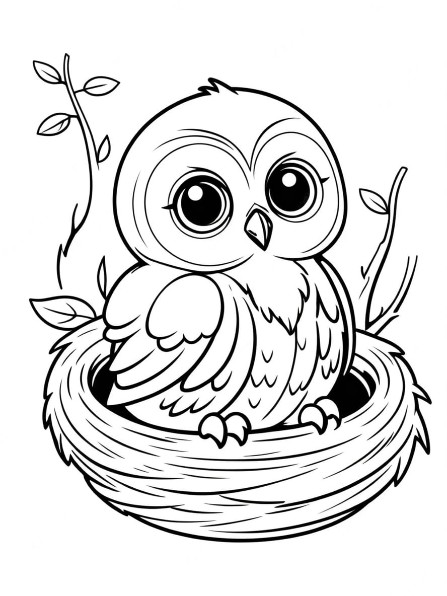 Baby Owl Sitting In A Nest Coloring Pages