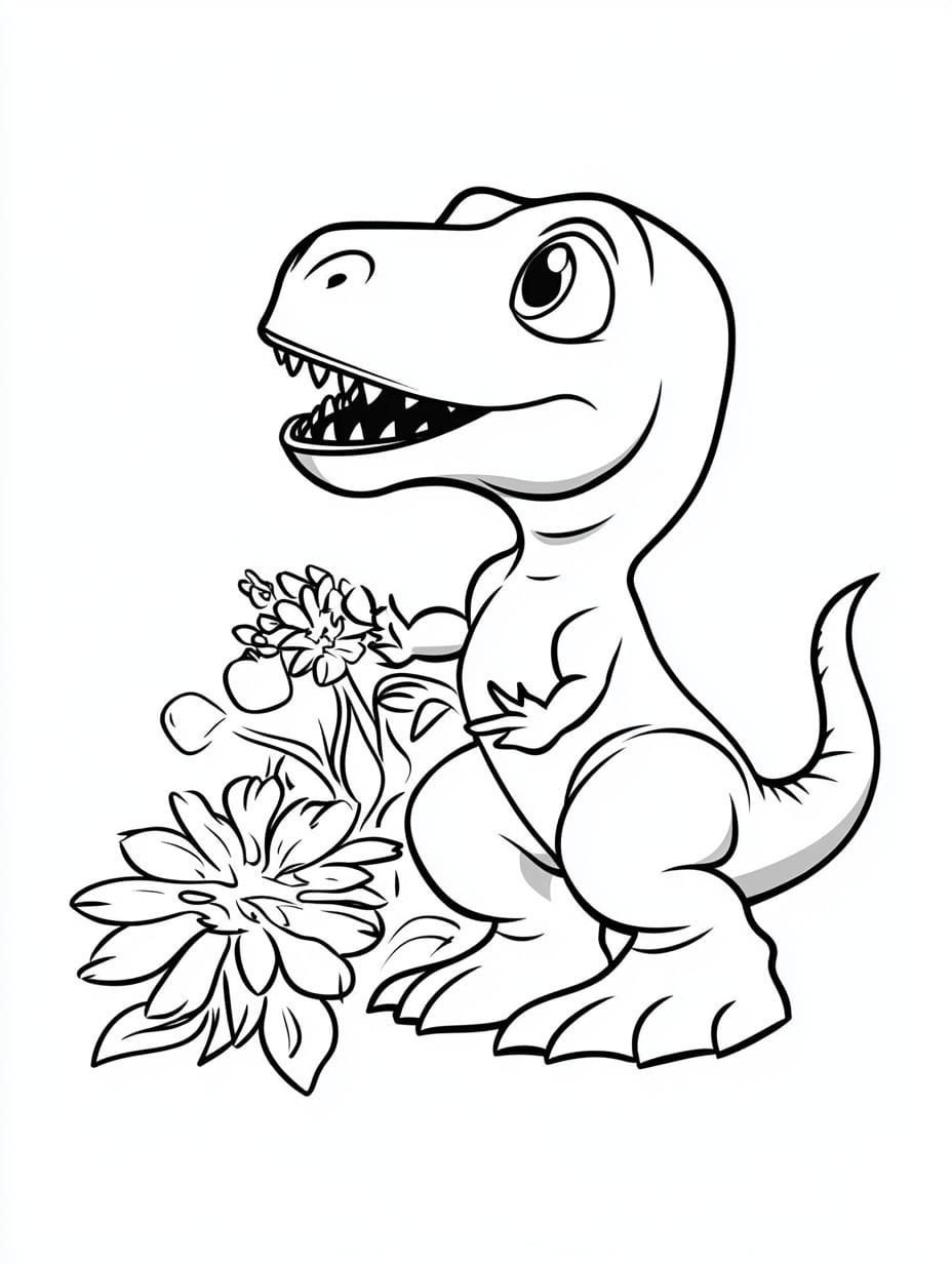 Baby T Rex Smelling Flowers Coloring Pages