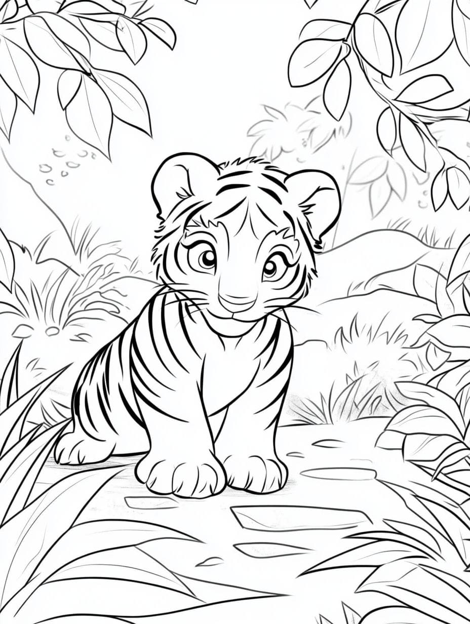 Baby Tiger In The Jungle Coloring Page For Kids