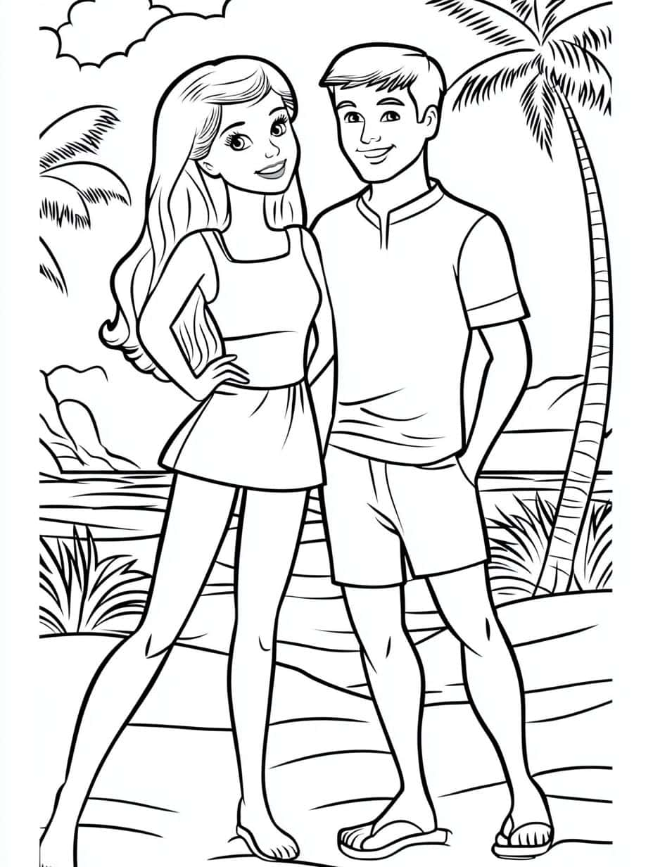 Barbie Ken Coconut Tree At The Beach Coloring Pages