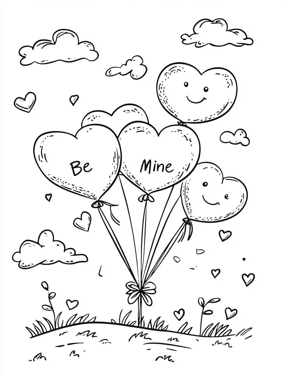 Be Mine Heart Balloons In The Ground Coloring Pages