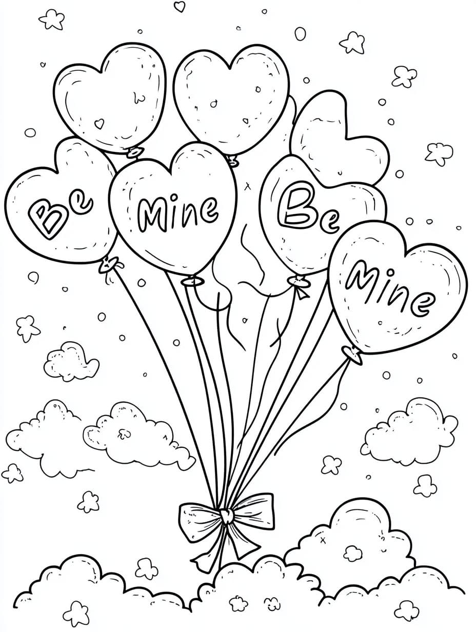 Be Mine Heart Balloons In The Sky Coloring Pages