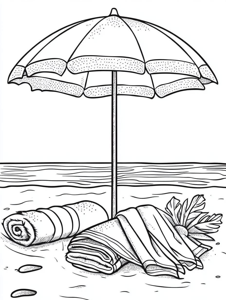 Beach Umbrella And Towels Coloring Page For Kids