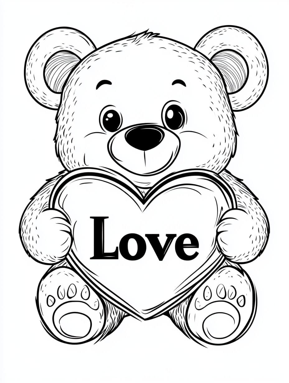 Bear With Love Heart Valentines Day Coloring Pages