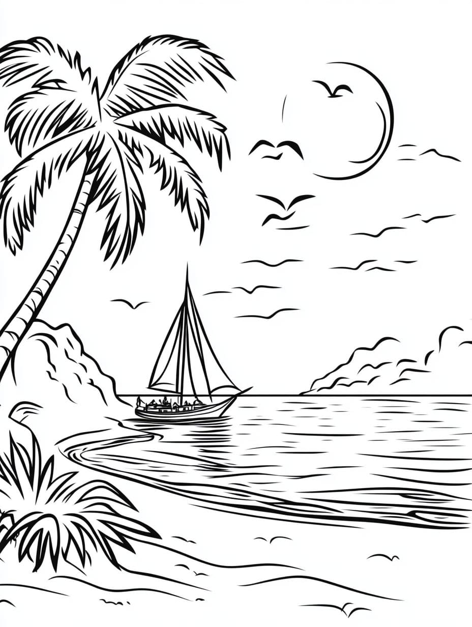 Beautiful Sunset At The Beach Coloring Pages