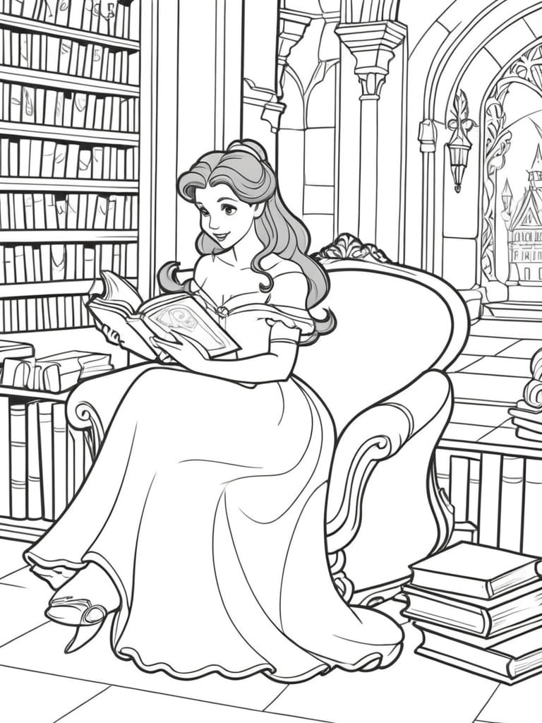 Belle Reading A Book In The Enchanted Castle Coloring Pages