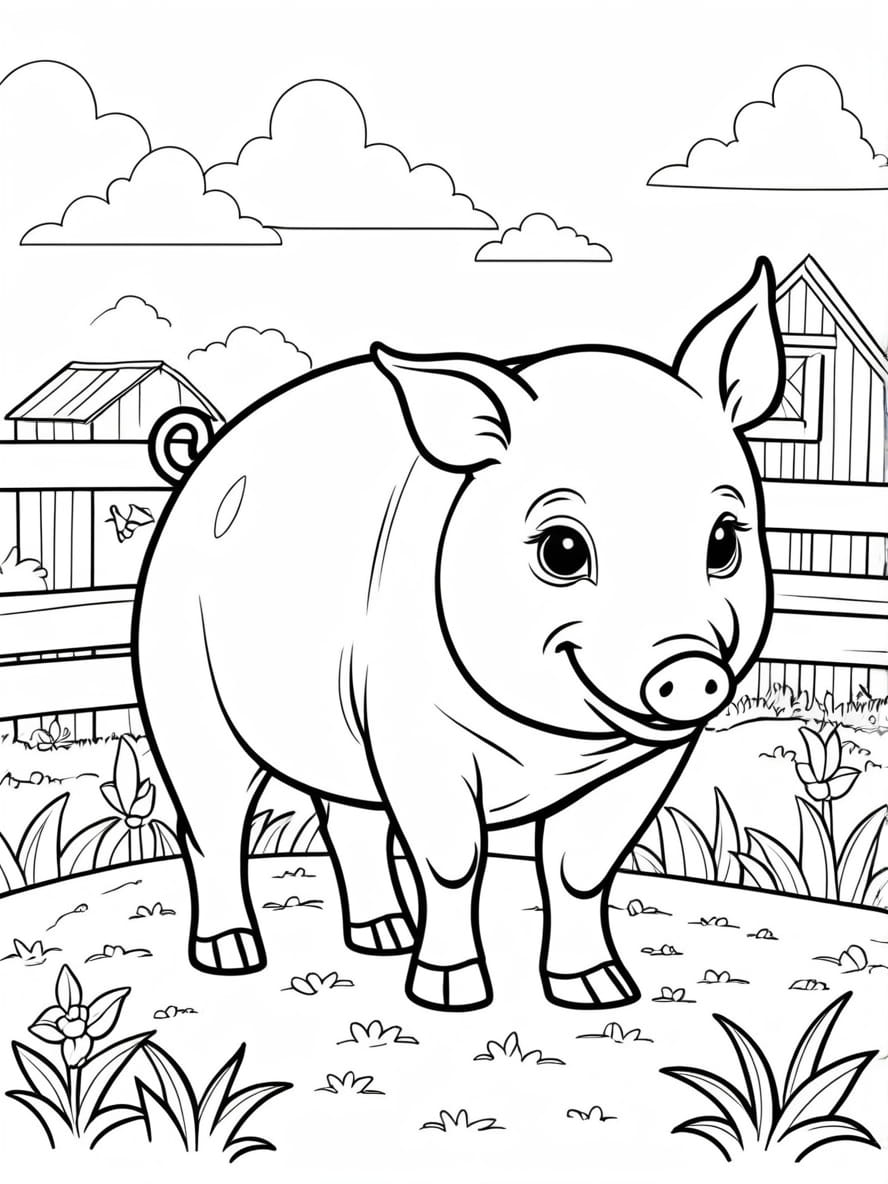 Bentheim Black Pied Pig On Farm Coloring Page