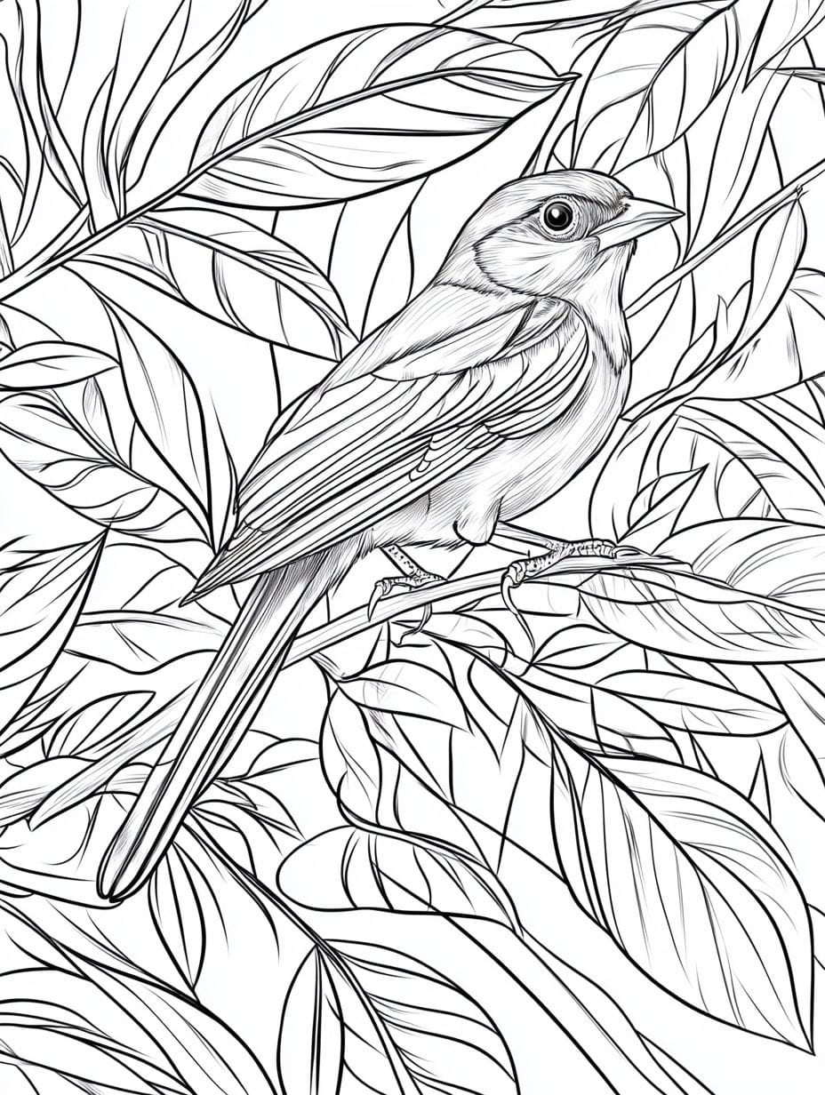 Bird Hidden In The Leaves Jungle Coloring Pages