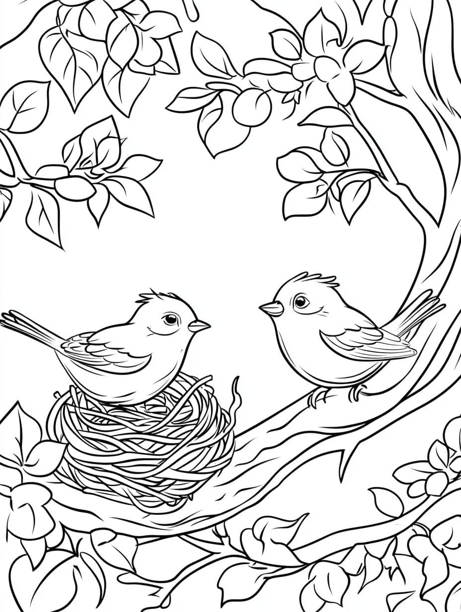 Birds Building Nests In Spring Coloring Pages