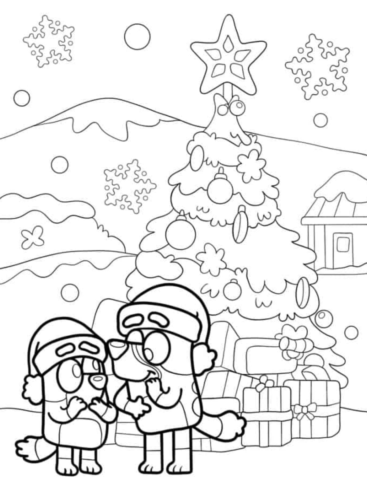 Bluey And Bingo Wearing Santa Hats In Front Of Christmas Tree Coloring Pages For Kids