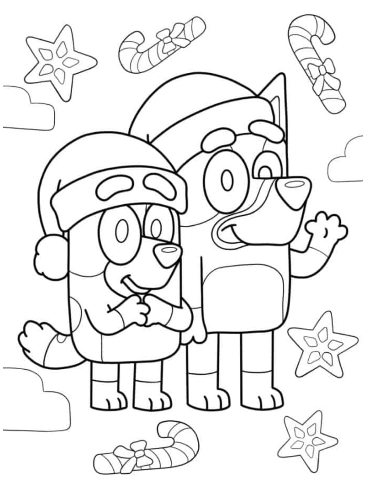 Bluey And Bingo Wearing Santa Hats On Christmas Day Coloring Pages For Kids