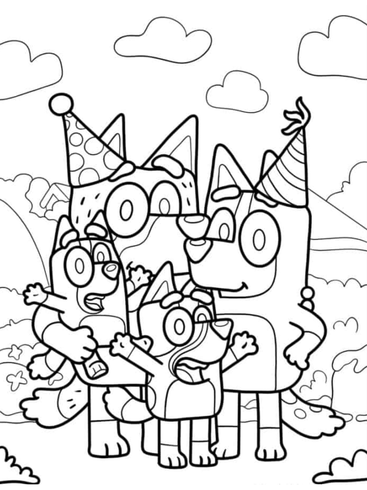 Bluey Bingo Bandit And Chilli With Party Hats Coloring Pages For Kids