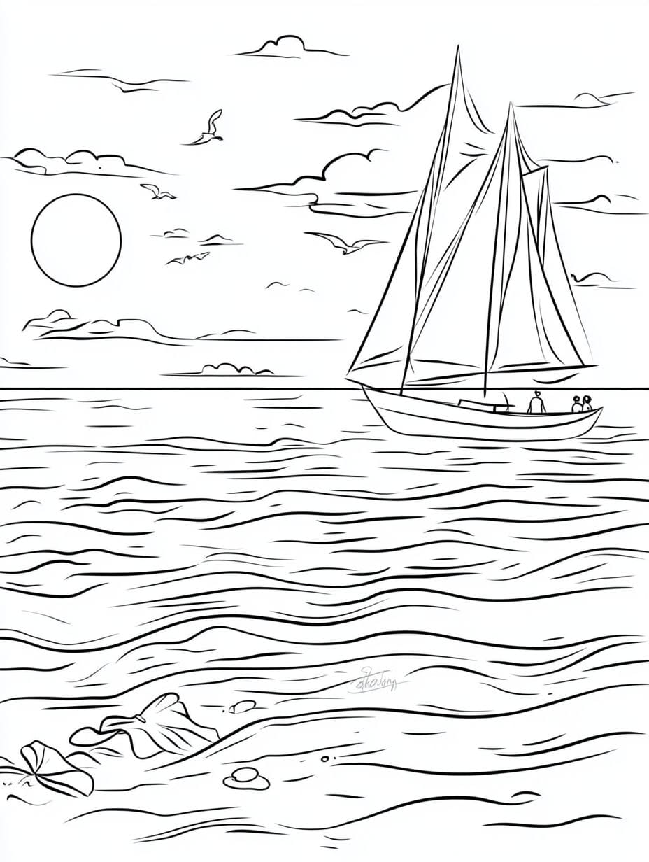 Boat And Sunset At The Beach Coloring Pages