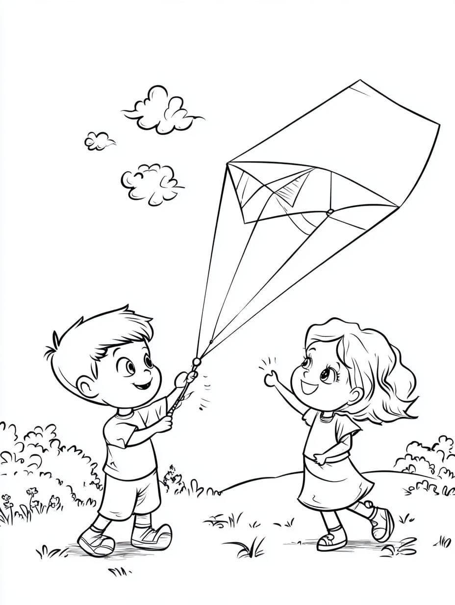 Boy And Girl Flying Kites Coloring Pages