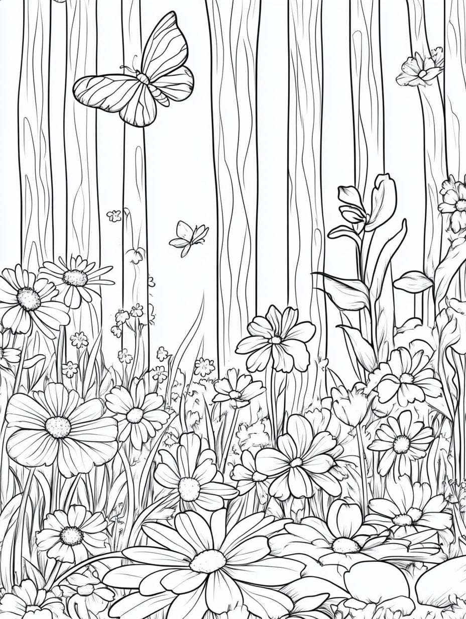 Butter Fly And Flowers Bloom Coloring Pages