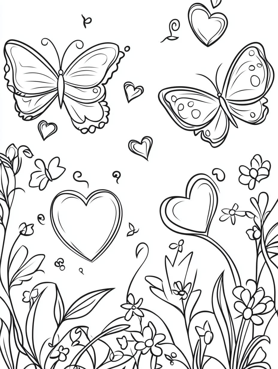 Butterflies And Hearts Coloring Pages