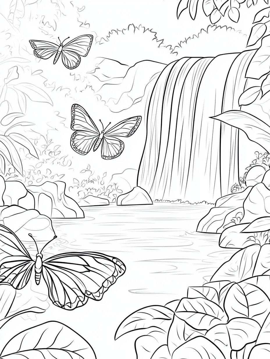 Butterflies And Waterfall Coloring Pages