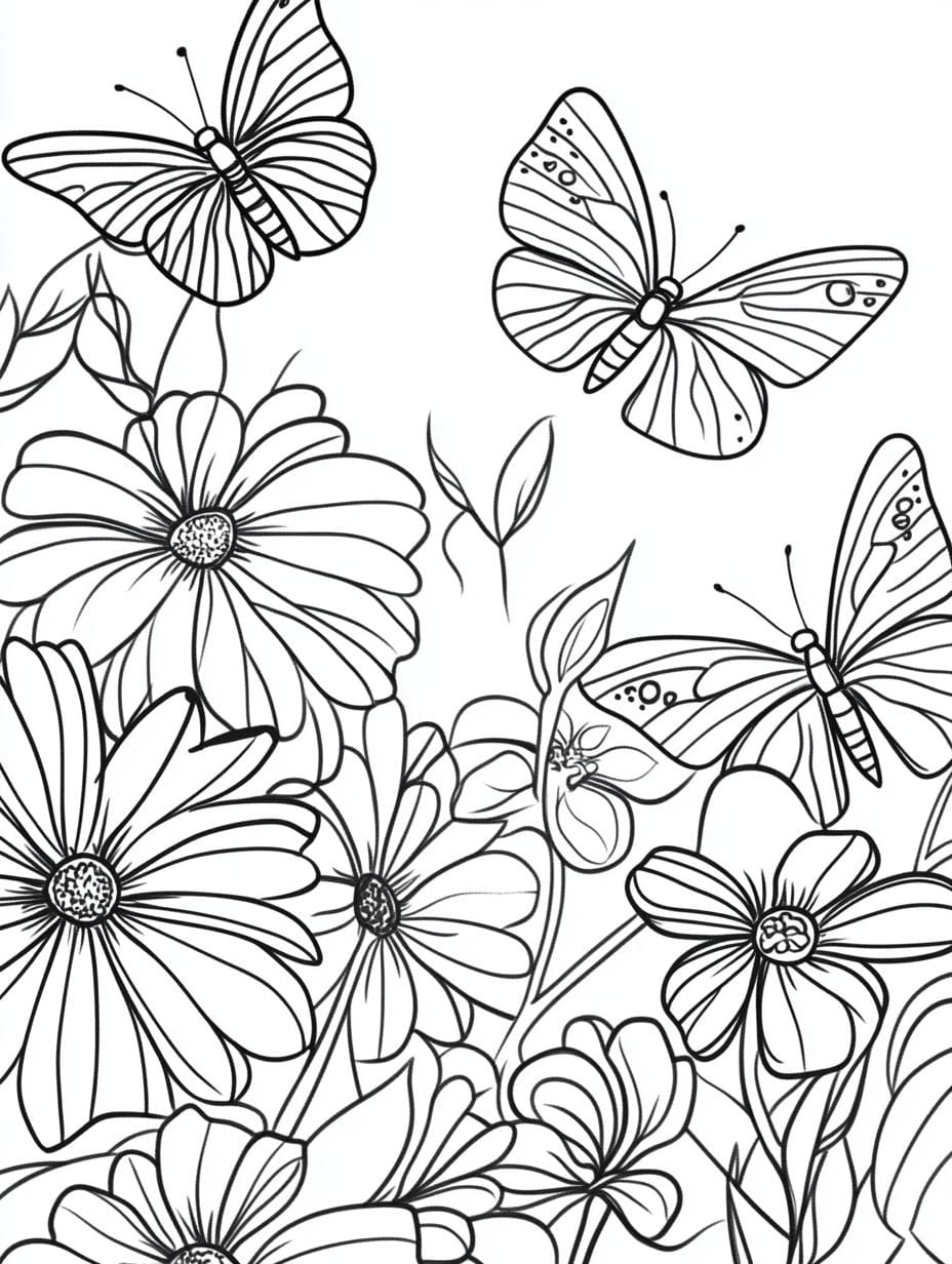 Butterflies In A Flower Garden Coloring Pages