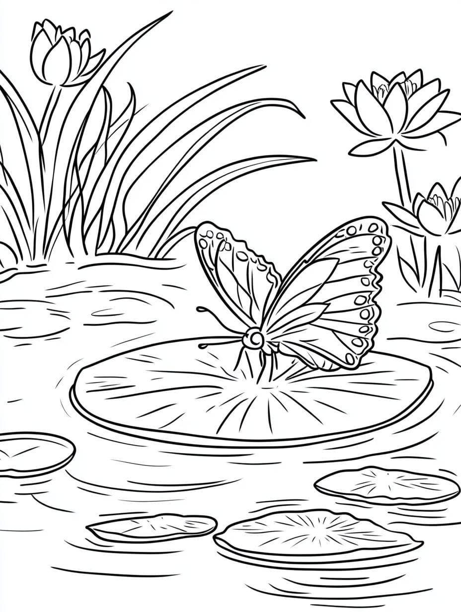 Butterfly On A Lily Pad Coloring Pages