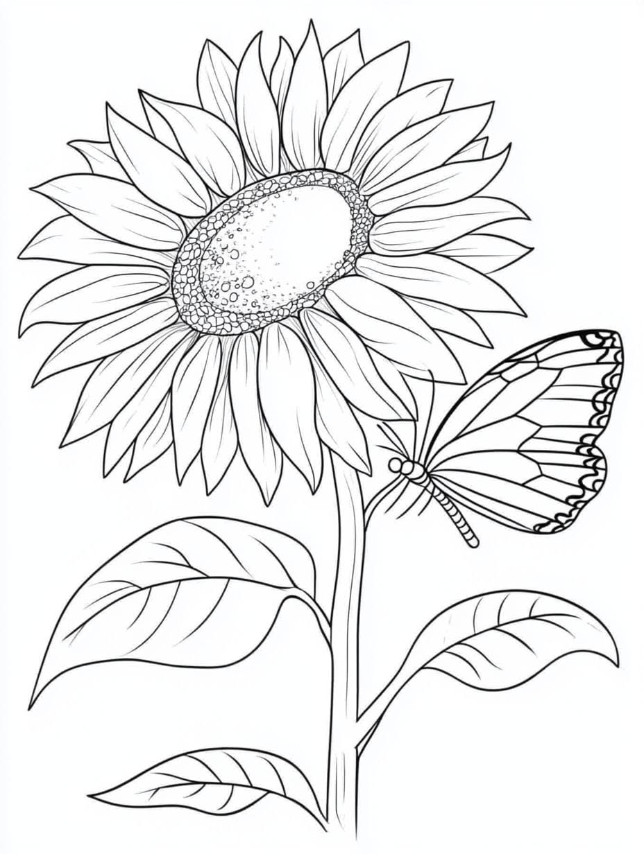 Butterfly On A Sunflower Coloring Pages