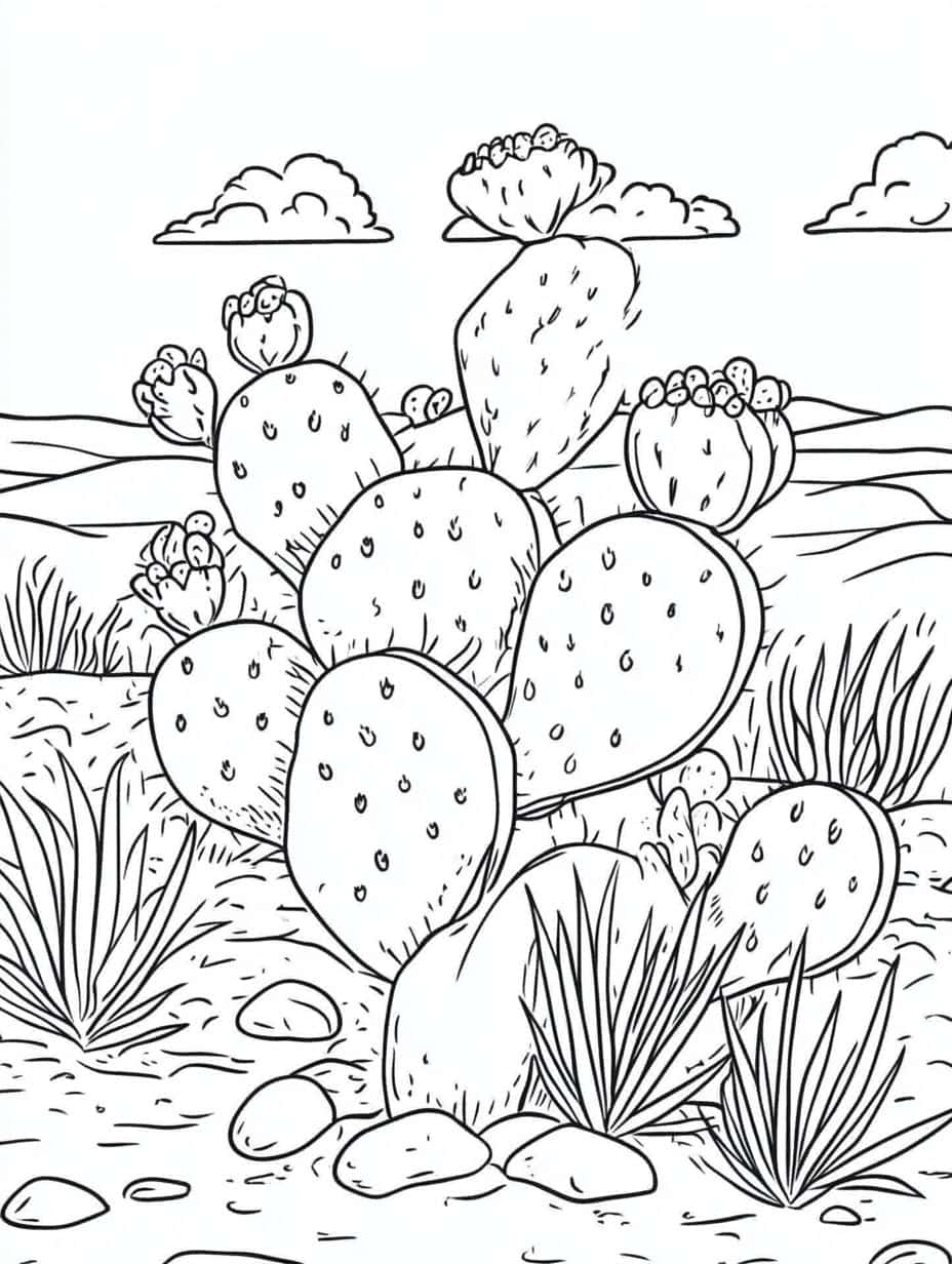 Cactus In The Desert And Clound Coloring Pages