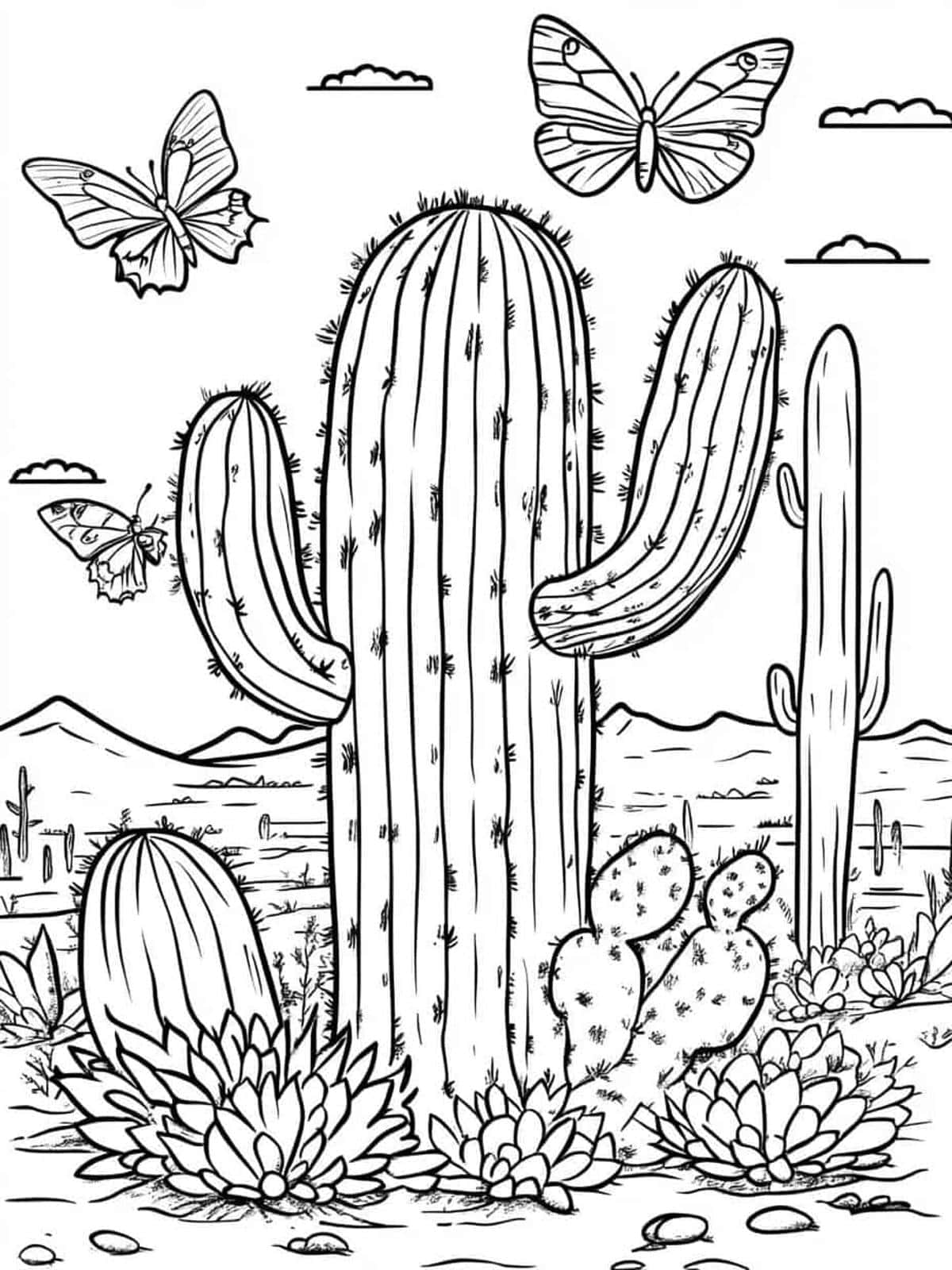 Cactus With Butterflies Coloring Pages