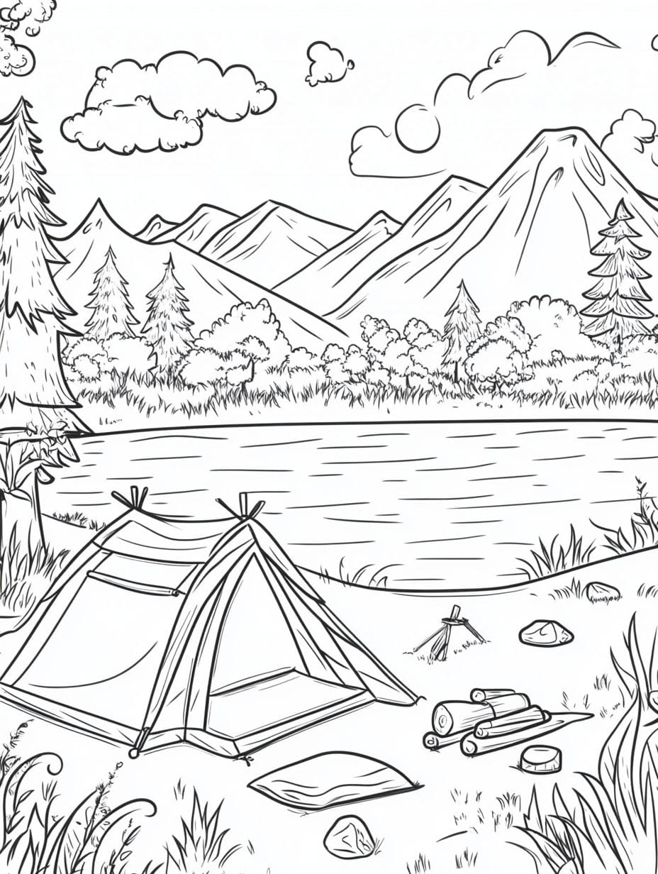 Camping In The Summer Lake Coloring Pages