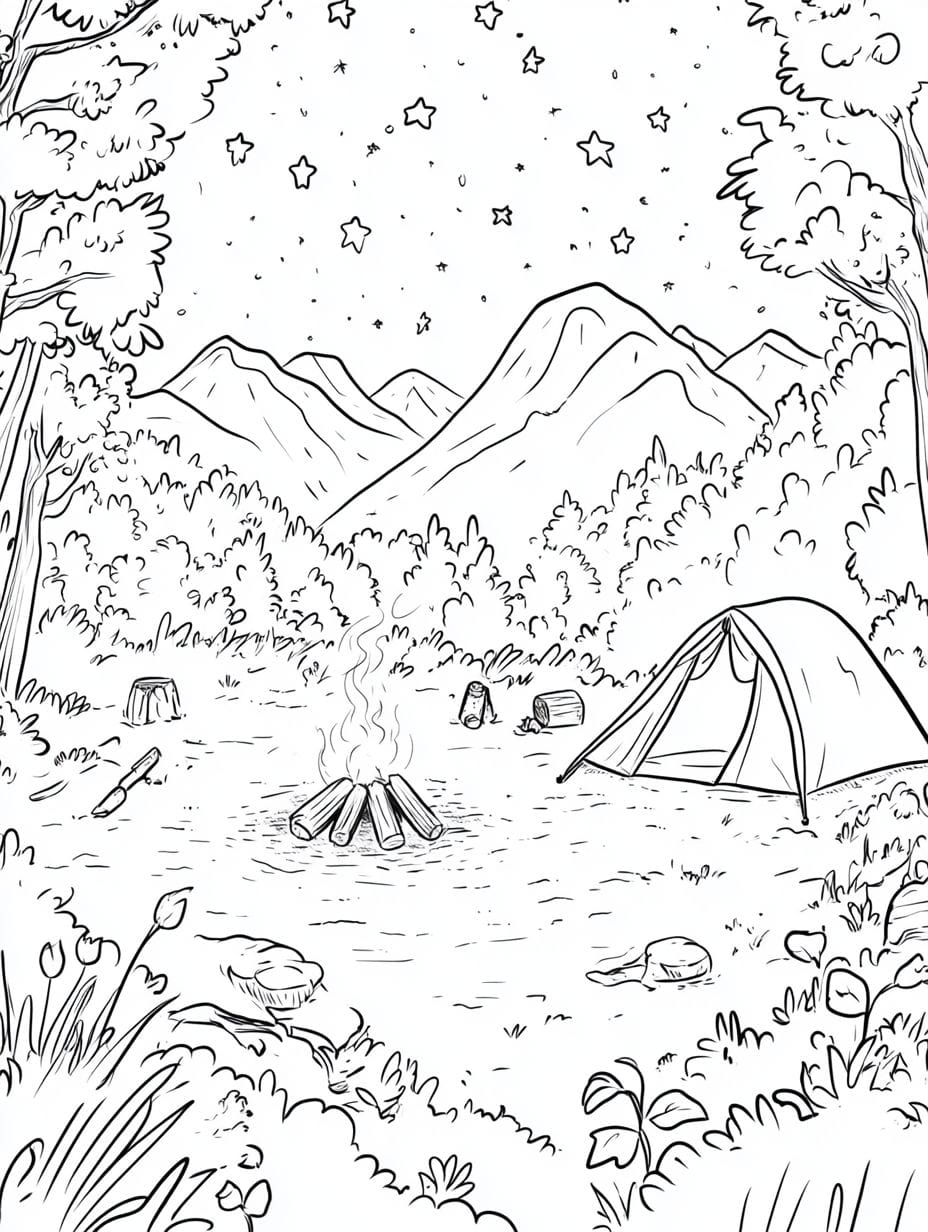 Camping In The Summer Night Coloring Pages