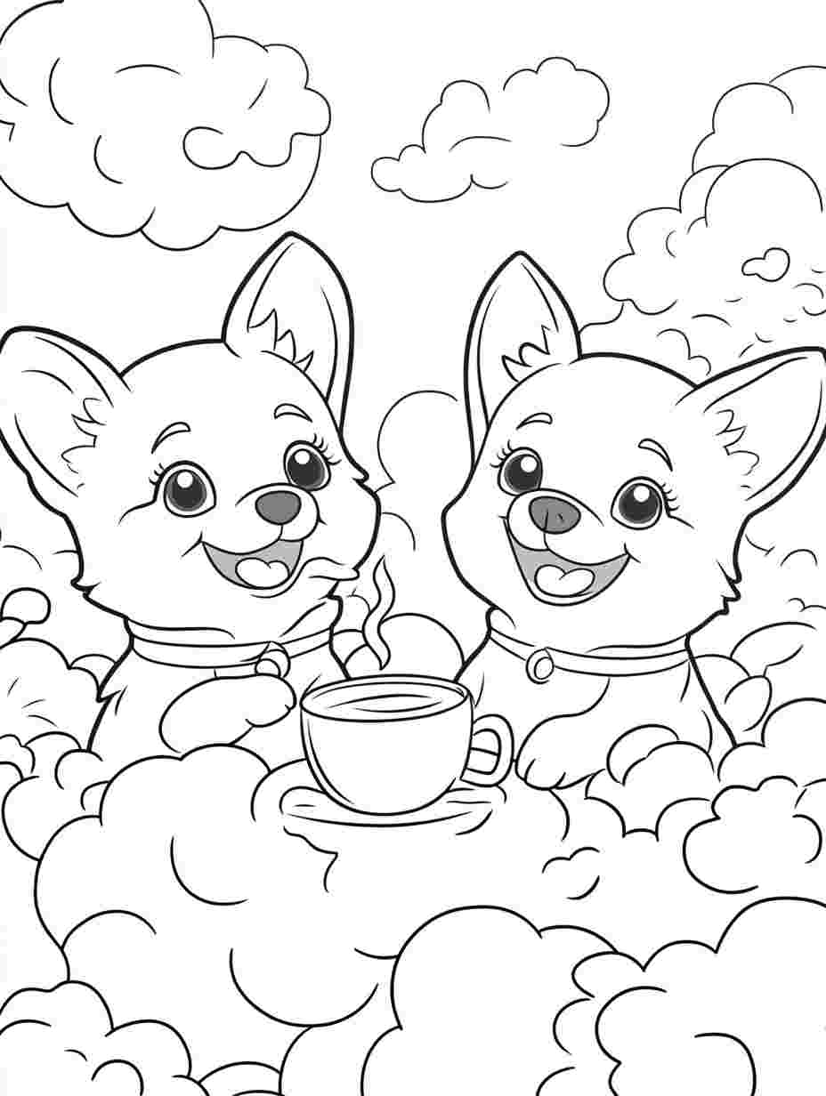 Cartoon Corgis In The Clouds Having Tea Coloring Sheet