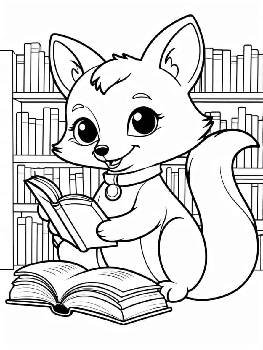 Cartoon Fox Reading Book In Library Coloring Pages