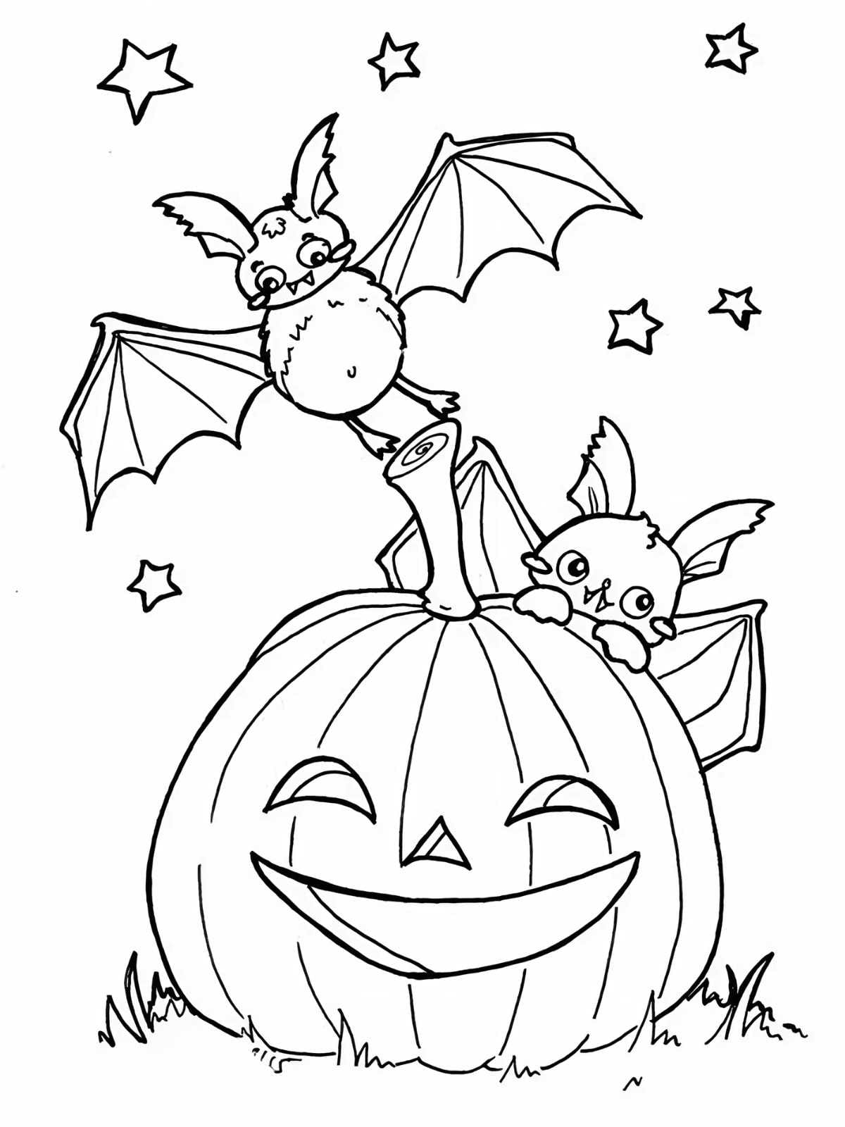 Cartoon Halloween Pumpkin With Bat Coloring Pages