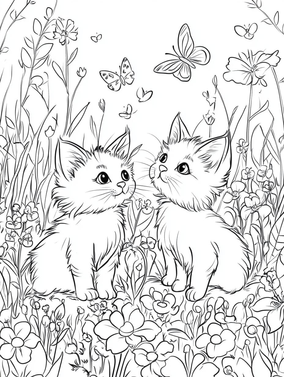 Cat Among Flowers In Garden Coloring Pages