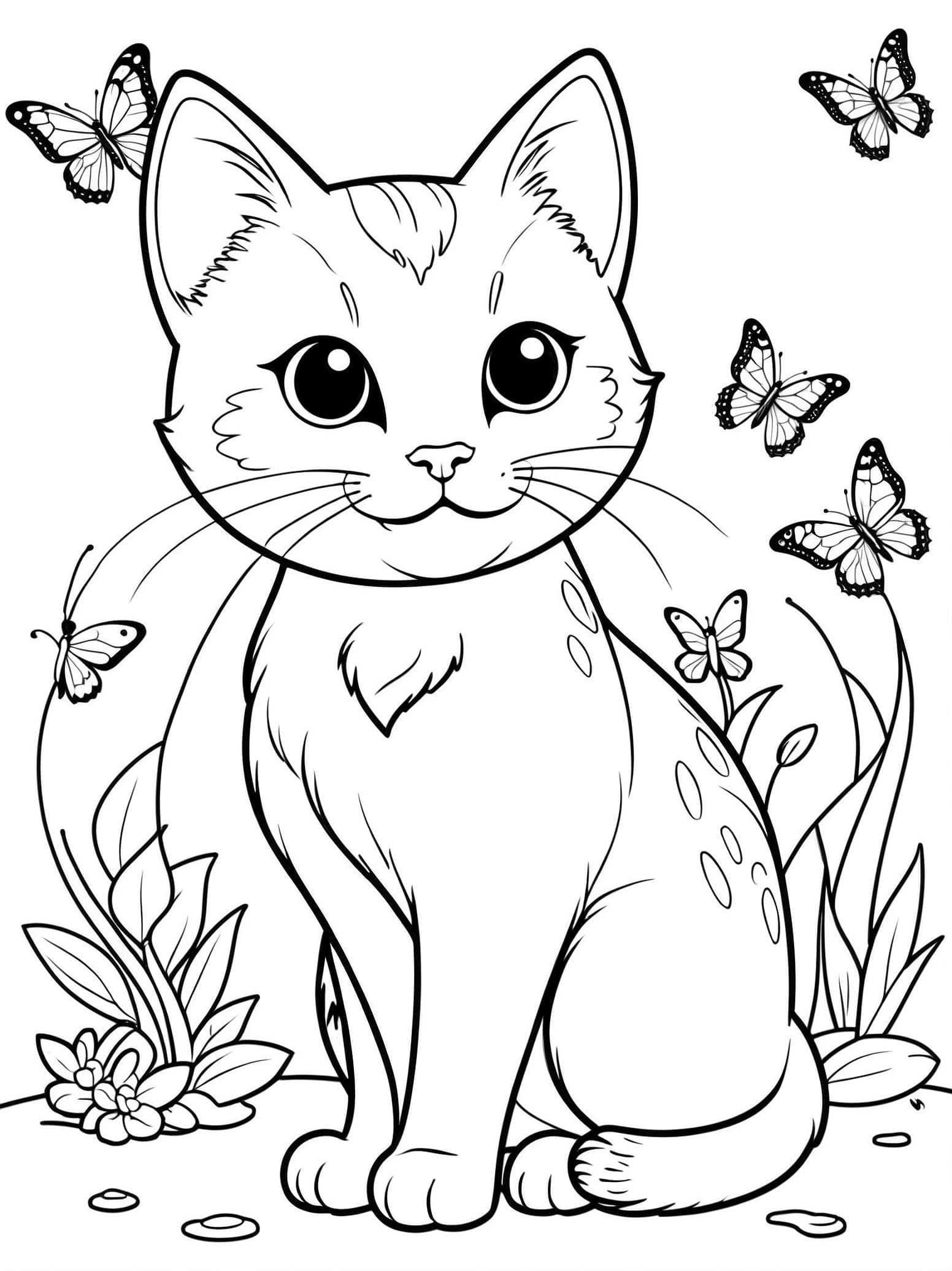 Cat And Butterfly In A Field Coloring Pages