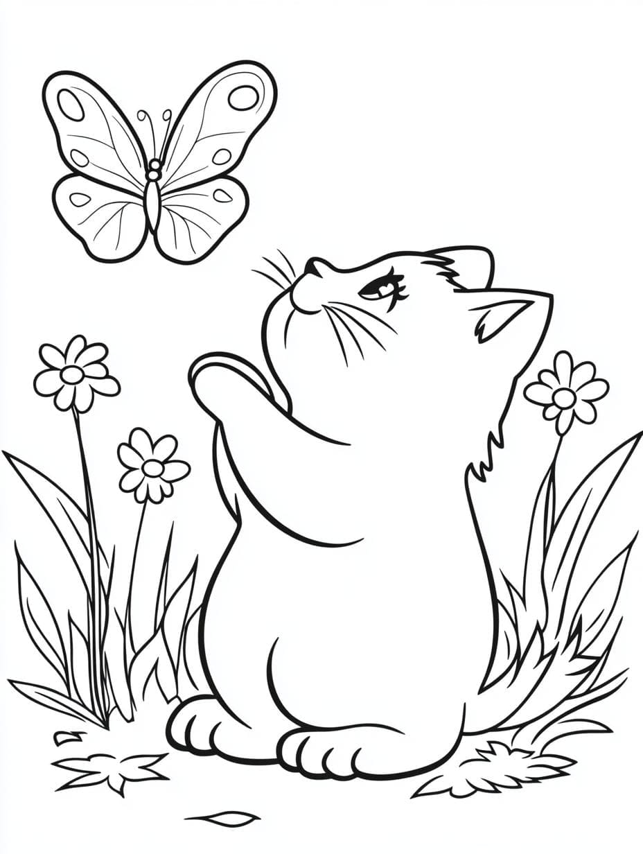 Cat And Butterfly On A Flower Coloring Pages