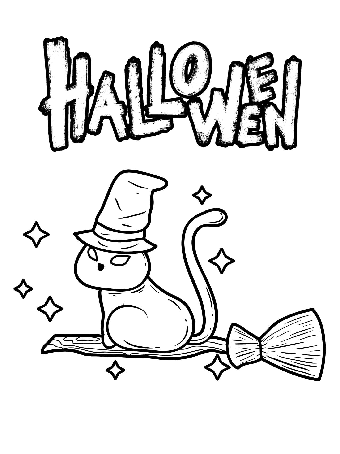 Cat As Witch Halloween Coloring Page