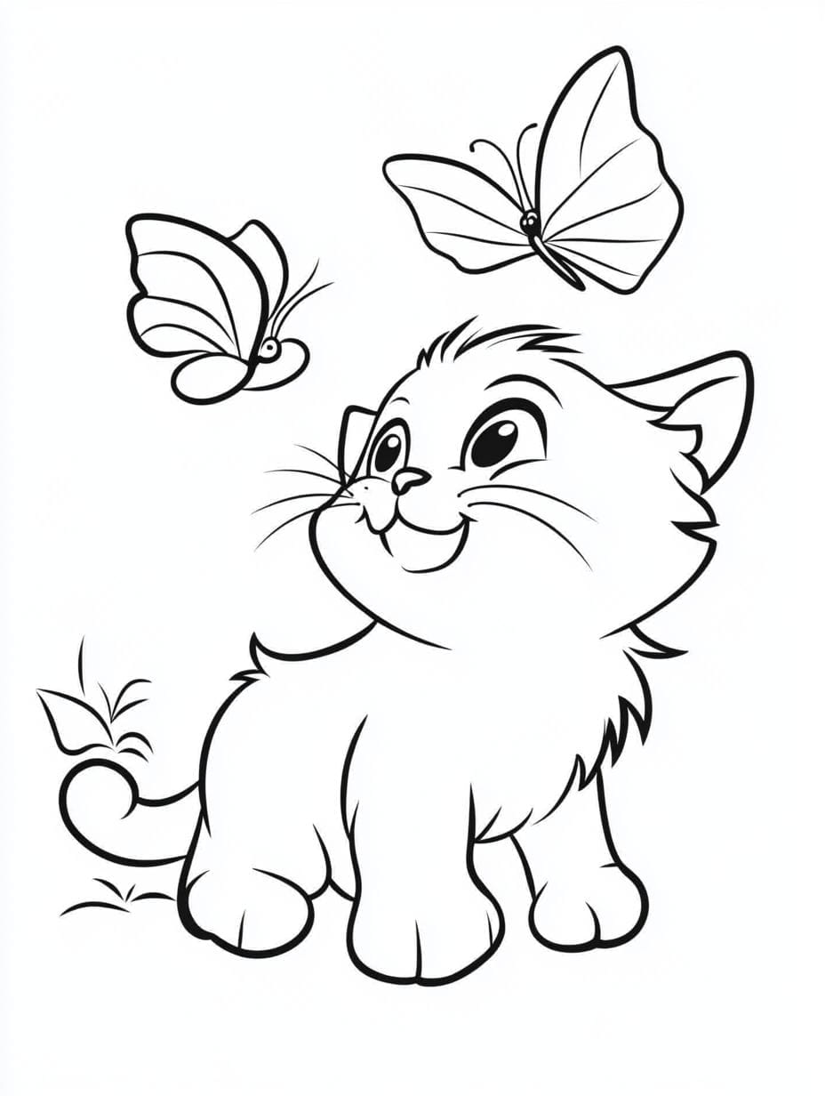 Cat Chasing Butterfly Coloring Pages