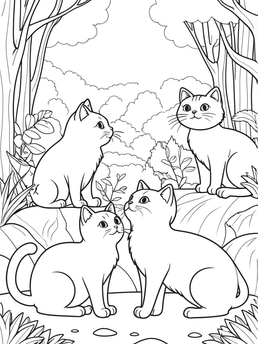 Cat Family Relaxing In Garden Coloring Pages