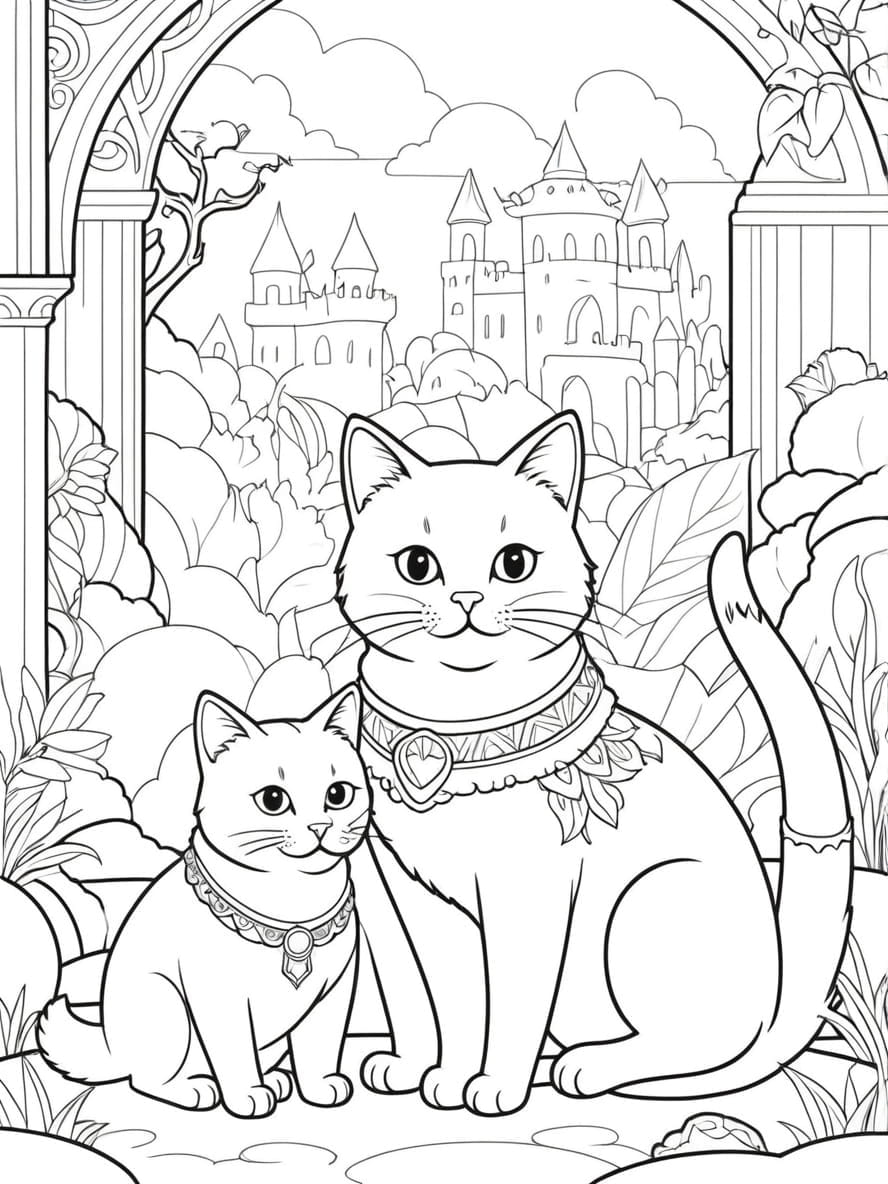 Cat In A Garden With A Castle Coloring Pages