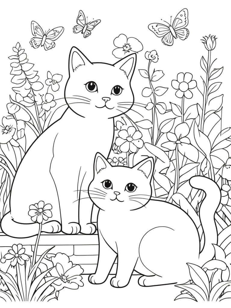 Cat In A Garden With Butterfly Coloring Pages