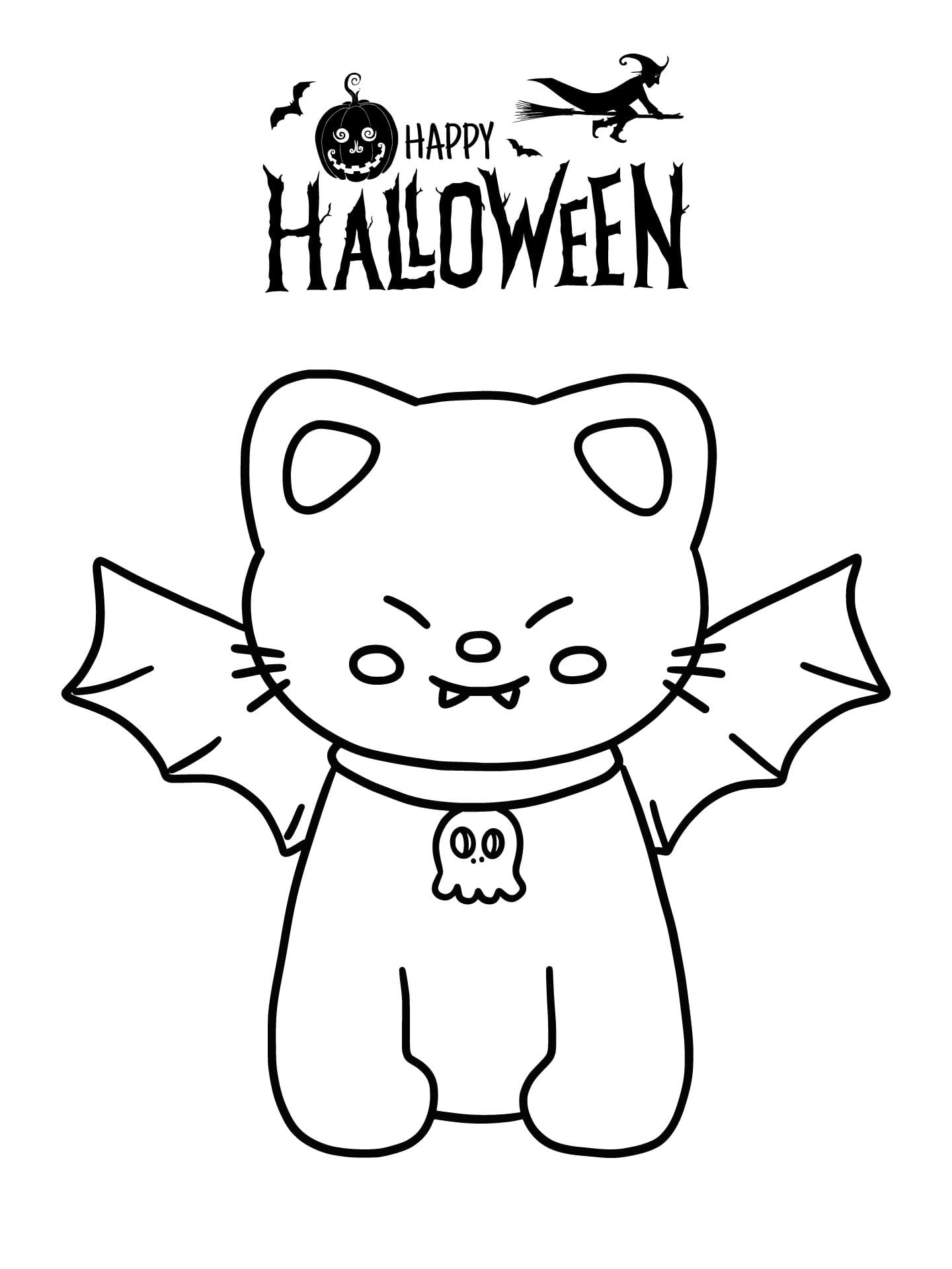 Cat In Haunted House Halloween Coloring Page