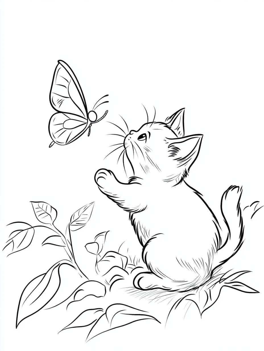 Cat Playing With Butterfly Coloring Pages