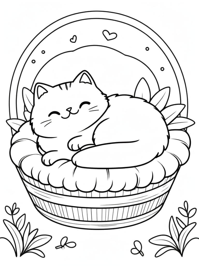 Cat Sleeping In A Cozy Basket Coloring Pages