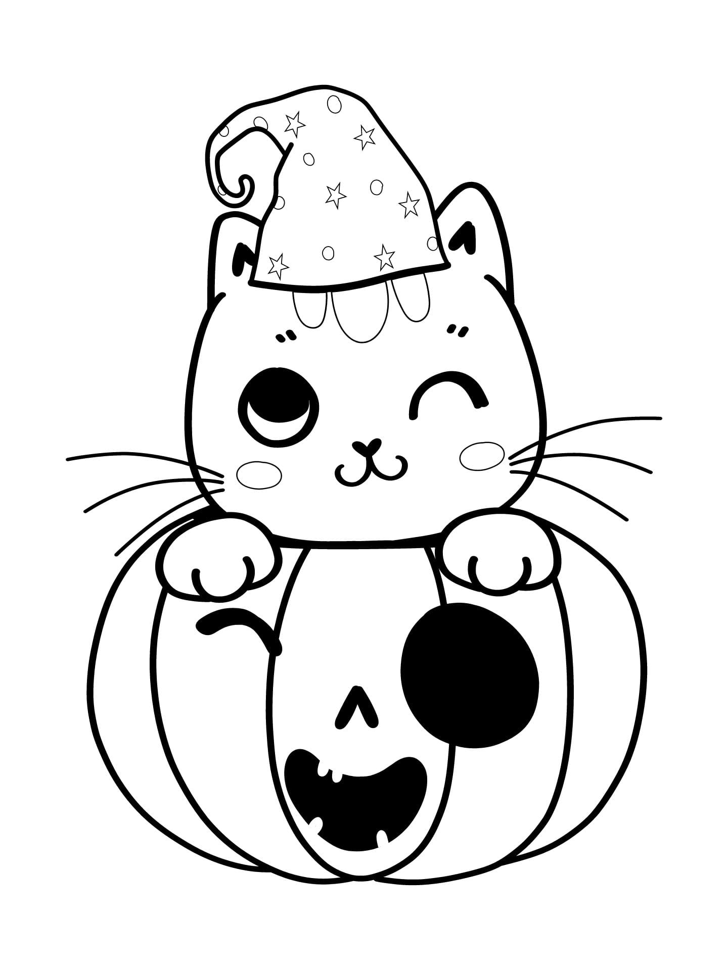 Cat With Jack O Lantern Halloween Coloring Page