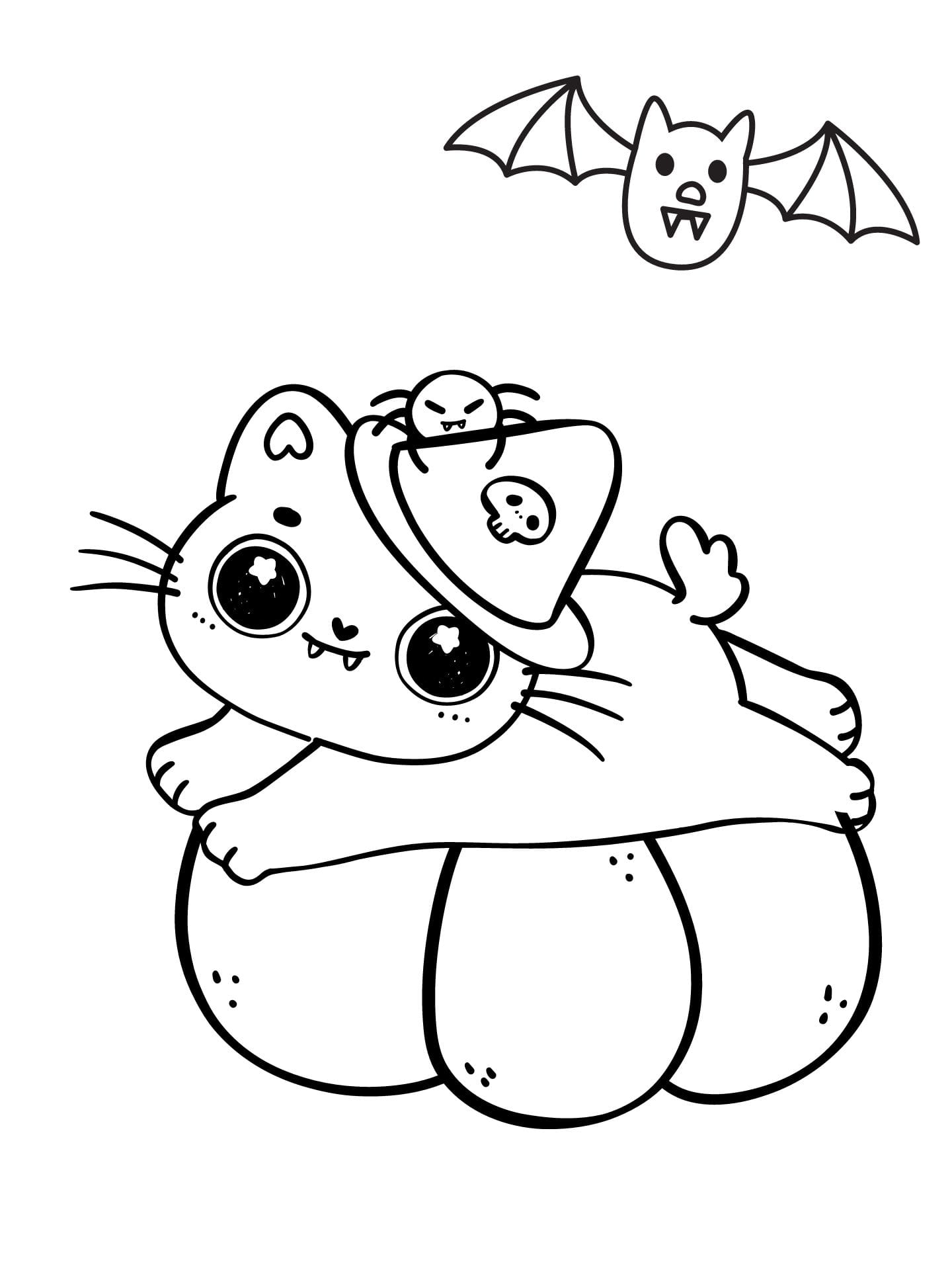 Cat With Pumpkin And Bat Halloween Coloring Page