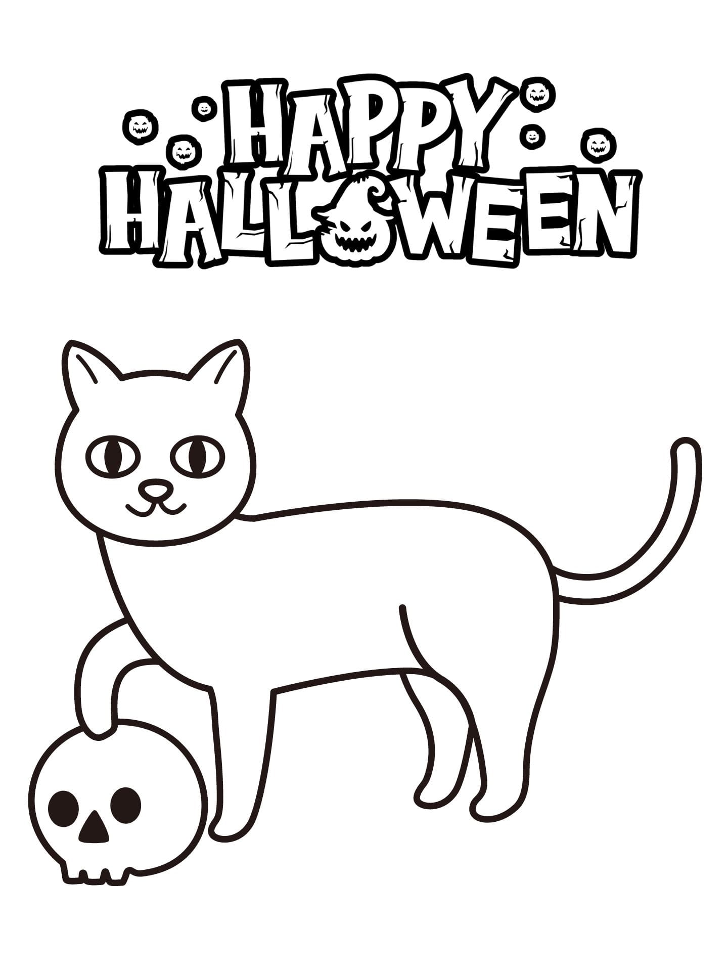 Cat With Skull Halloween Coloring Page