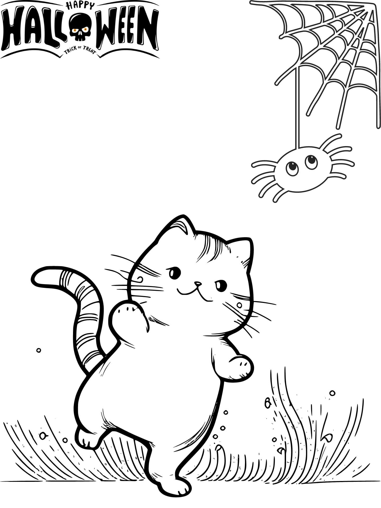 Cat With Spider Web Halloween Coloring Page