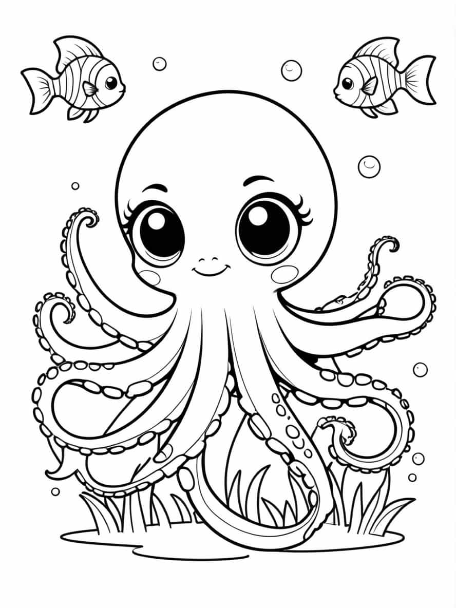 Chibi Octopus Swimming With Fish Coloring Pages